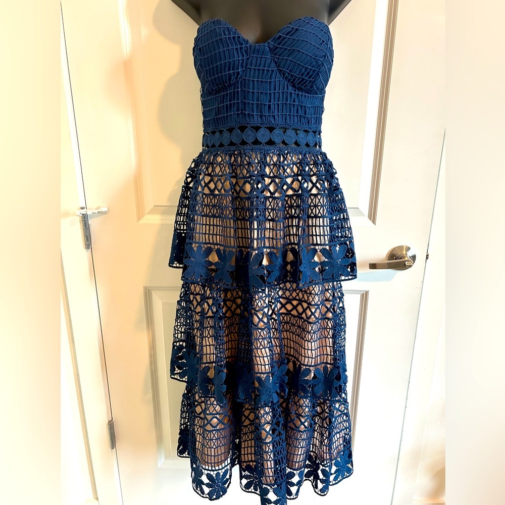 Crochet Strapless Lace Tiered skirt Midi dress, blue Empire waist dress, Small